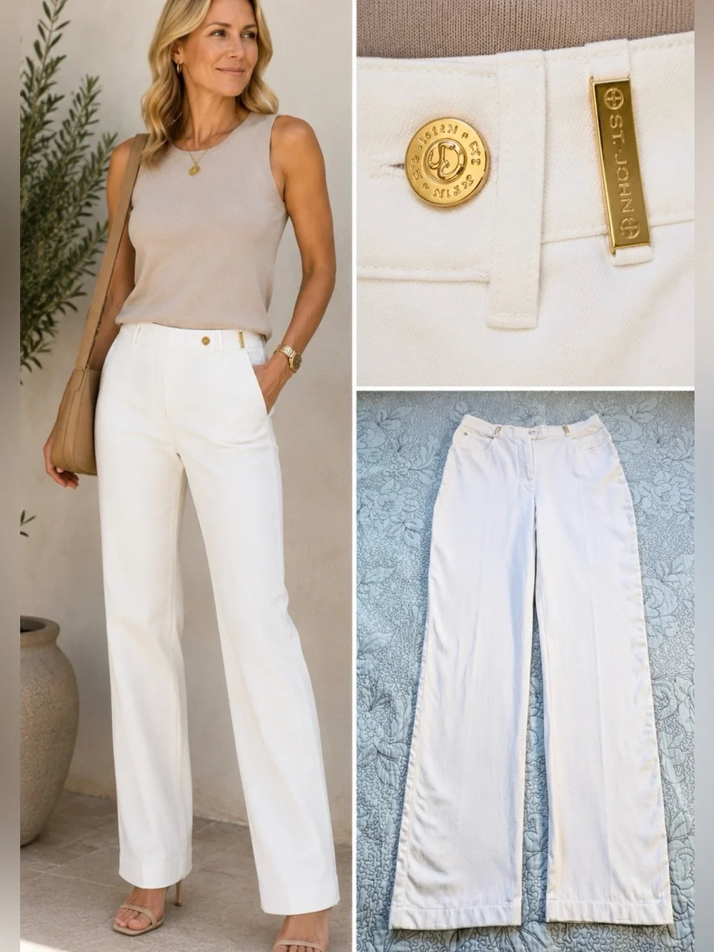 St. John Sport by Marie Gray Cream Cotton Blend Straight Leg Trousers Sz 10💚